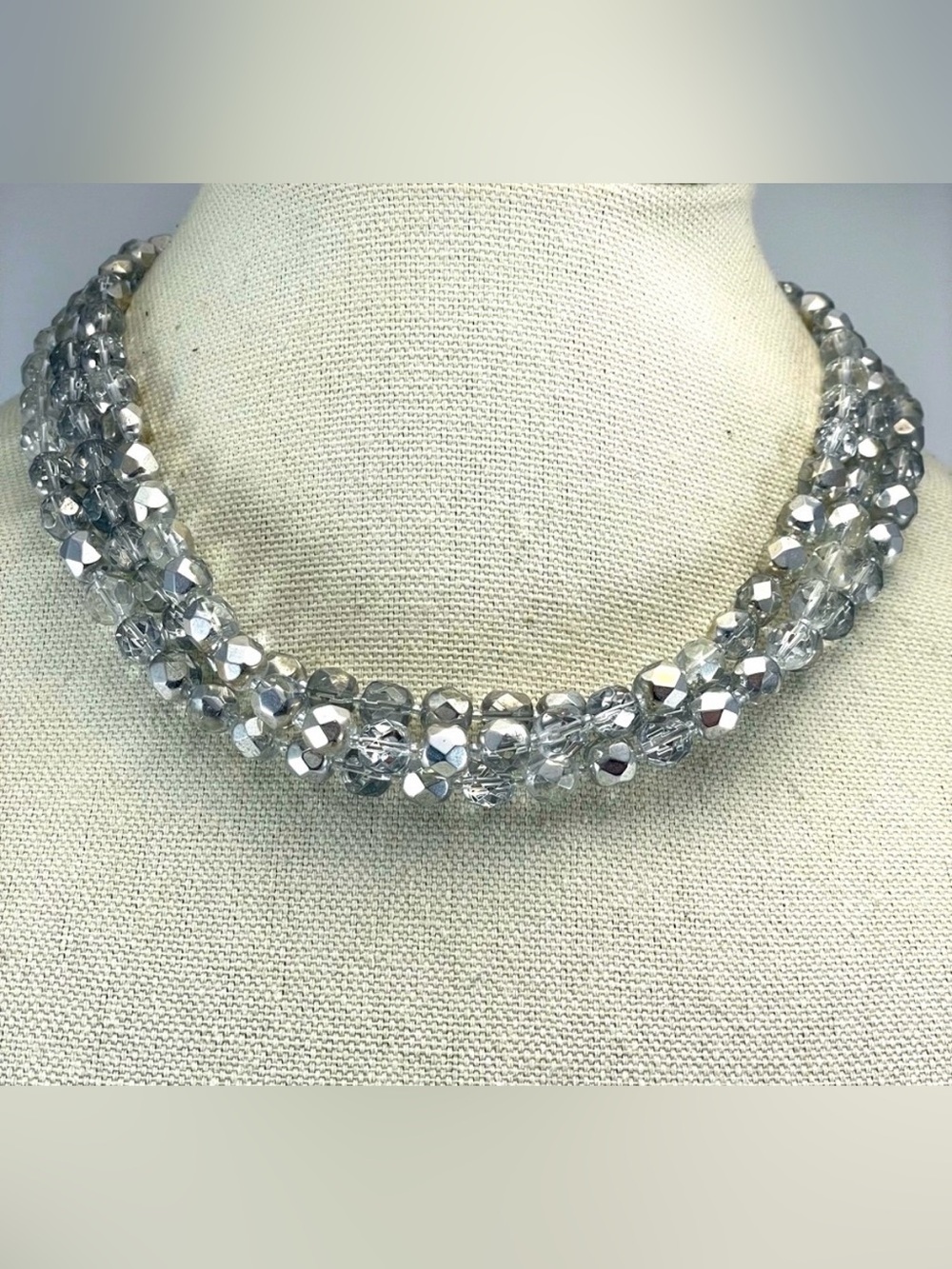 Stunning Cookie Lee Silver Tone White Faceted Glass Beaded MultiLayered Necklace
